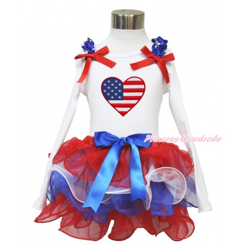 American's Birthday White Baby Long Sleeves Top with Patriotic American Star Ruffles & Red Bow & Patriotic American Heart Print with Royal Blue Bow Red White Blue Petal Baby Pettiskirt NQ33